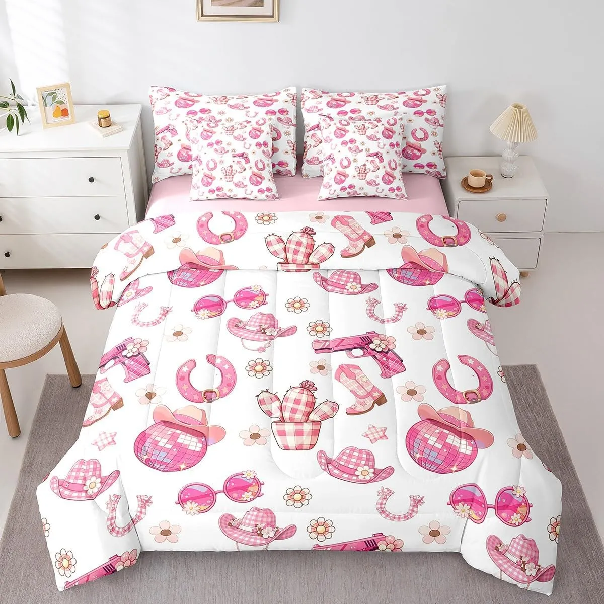 Manfei Western Rock 7 Pieces Bedding Set Twin Bed in a Bag,Cowgirl Boots Hats Comforter Set with Comforter,Flat,Fitted Sheet,Pillowcases,Pillow Covers,Pink Geometry Lattice Print Soft Warm Bedding