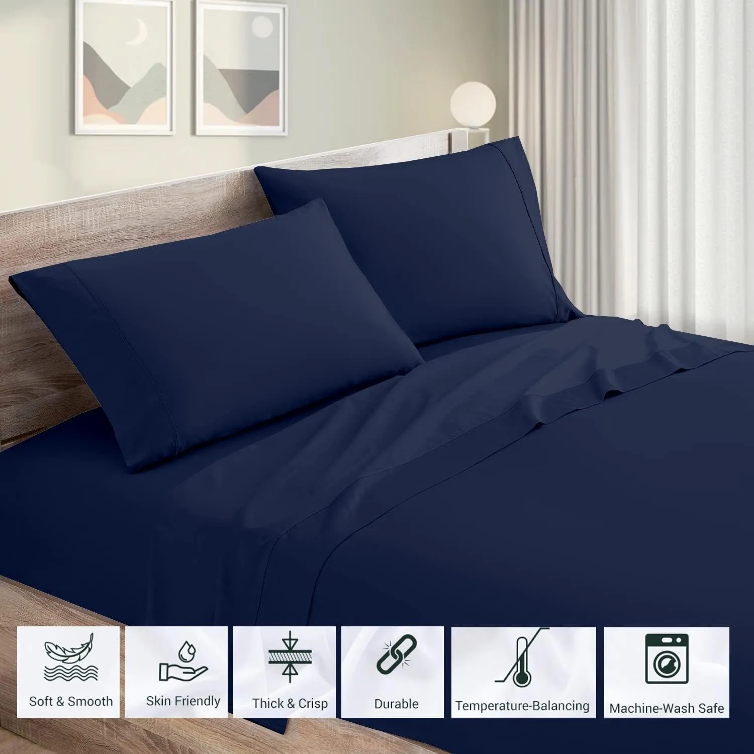 Mattress-Homes Split Head King 34" Sheet Set, 4-Piece Extra Soft Cooling Bed Sheets, Brushed Microfiber, Deep Pockets up to 16", Wrinkle, Fade & Stain Resistant (Navy Blue, Split Head King 34")