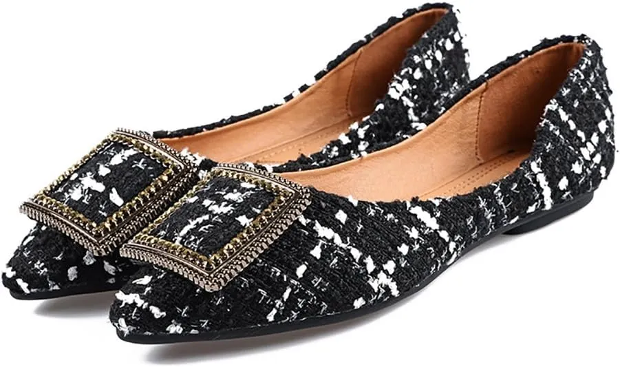 Meeshine Womens Classic Pointy Toe Ballet Flats Slip On Plaid Dress Flat Shoes
