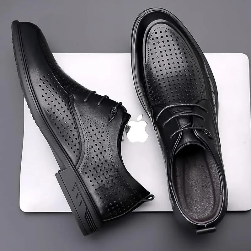 Men's Black Leather Platform Chunky Slip-On Penny Derby Men's Cutout Mesh Handmade Flat Casual Oxfords