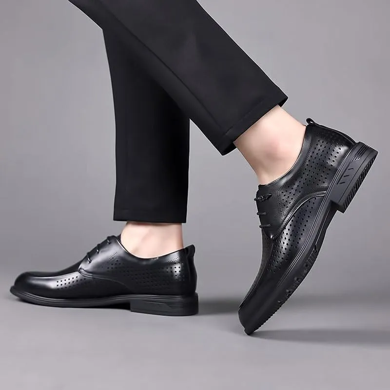 Men's Black Leather Platform Chunky Slip-On Penny Derby Men's Cutout Mesh Handmade Flat Casual Oxfords