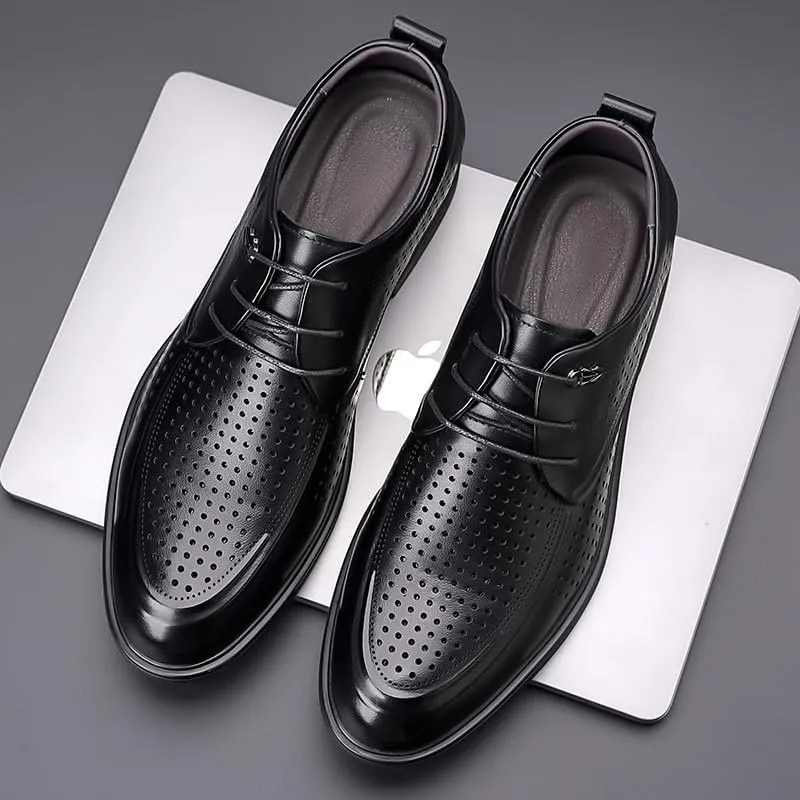 Men's Black Leather Platform Chunky Slip-On Penny Derby Men's Cutout Mesh Handmade Flat Casual Oxfords
