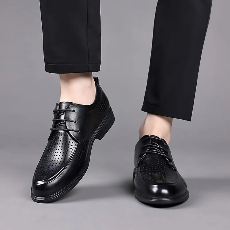 Men's Black Leather Platform Chunky Slip-On Penny Derby Men's Cutout Mesh Handmade Flat Casual Oxfords