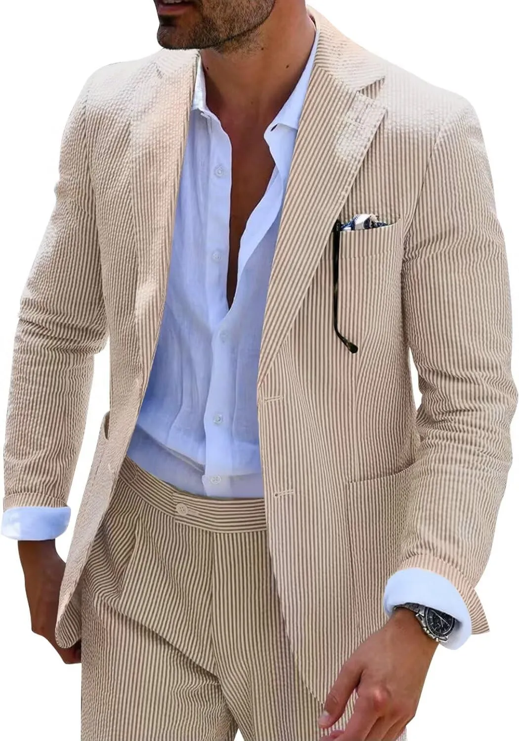 Mens Blue Seersucker Summer Suits Grooms Sear Sucker Suit for Wedding Mens Formal Suits Slim Fit