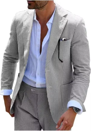 Mens Blue Seersucker Summer Suits Grooms Sear Sucker Suit for Wedding Mens Formal Suits Slim Fit