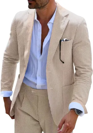 Mens Blue Seersucker Summer Suits Grooms Sear Sucker Suit for Wedding Mens Formal Suits Slim Fit