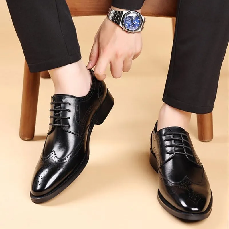 Men's Breathable Leather Wingtip Brogue Oxfords Classic Lace Up Derby Shoes