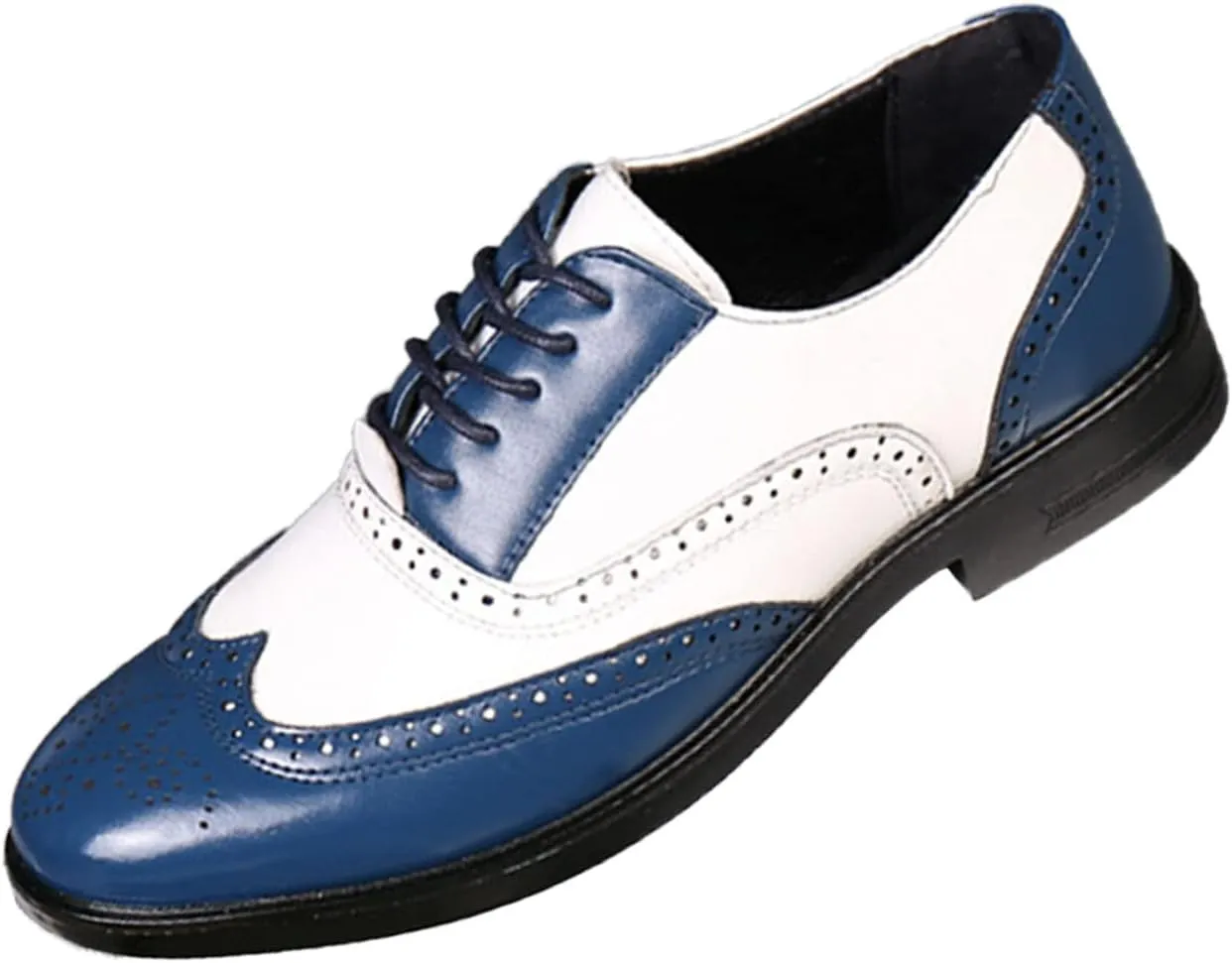 Men's Colorblock Derby Dress Leather Shoes,Fashion Carving Floral Wingtip Block Lace-up Formal Business Casual Shoes