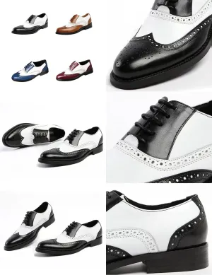 Men's Colorblock Derby Dress Leather Shoes,Fashion Carving Floral Wingtip Block Lace-up Formal Business Casual Shoes