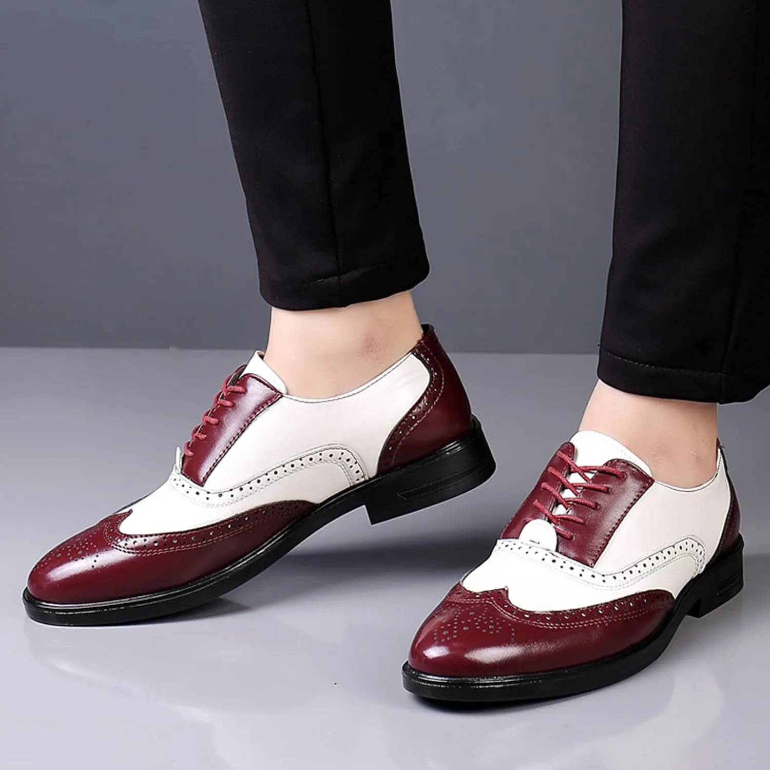 Men's Colorblock Derby Dress Leather Shoes,Fashion Carving Floral Wingtip Block Lace-up Formal Business Casual Shoes