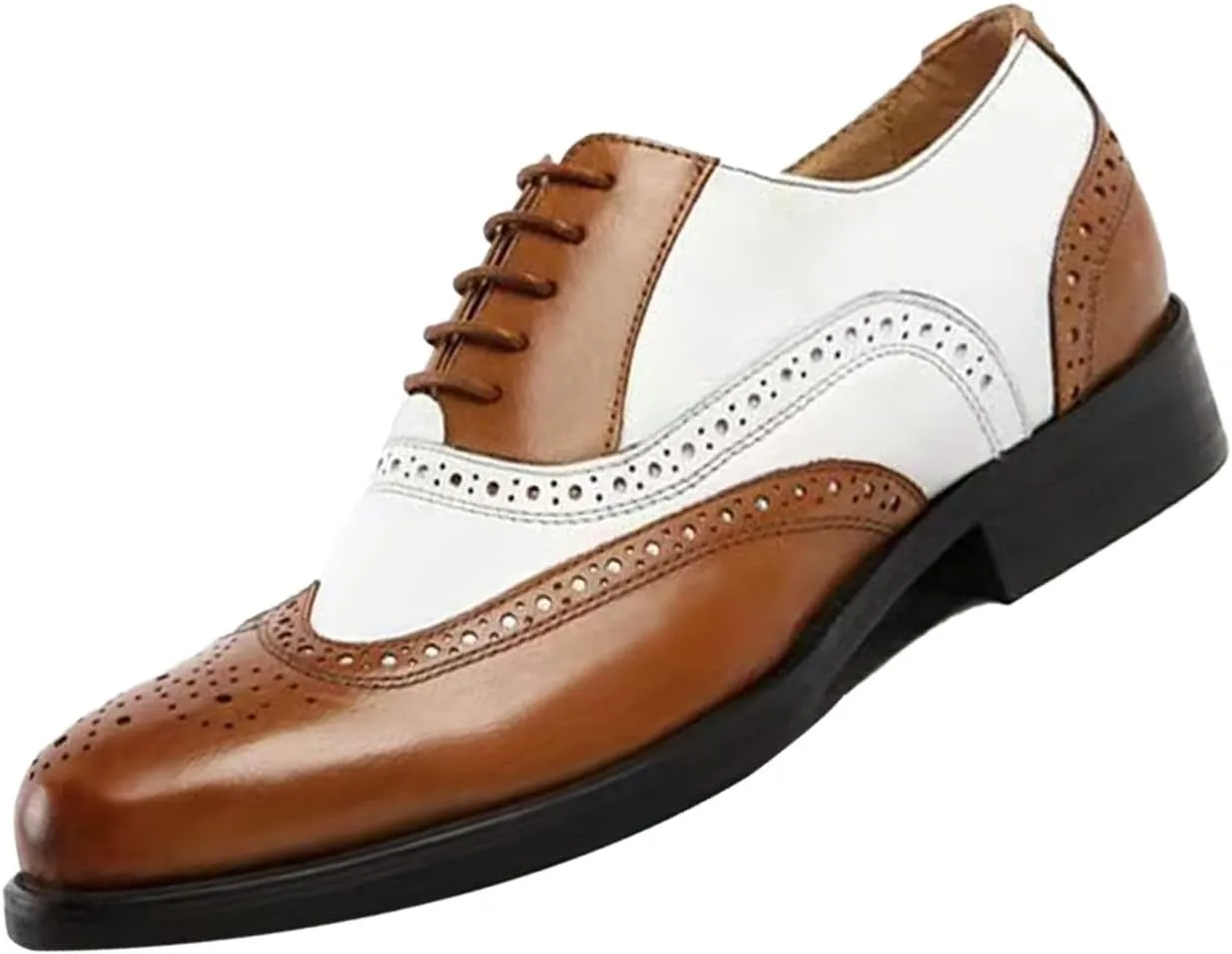 Men's Colorblock Derby Dress Leather Shoes,Fashion Carving Floral Wingtip Block Lace-up Formal Business Casual Shoes