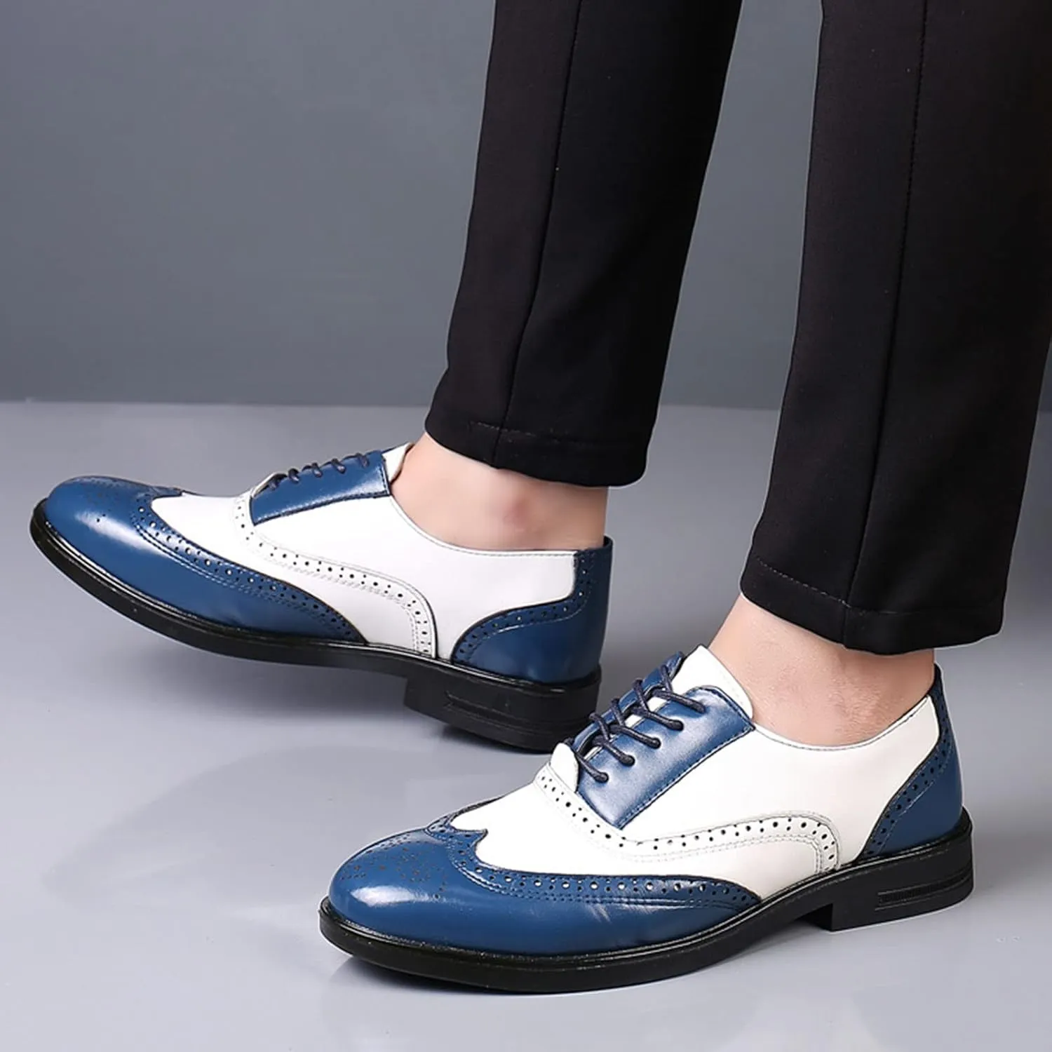 Men's Colorblock Derby Dress Leather Shoes,Fashion Carving Floral Wingtip Block Lace-up Formal Business Casual Shoes