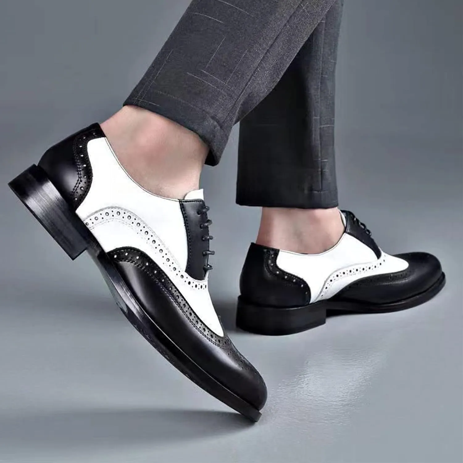 Men's Colorblock Derby Dress Leather Shoes,Fashion Carving Floral Wingtip Block Lace-up Formal Business Casual Shoes