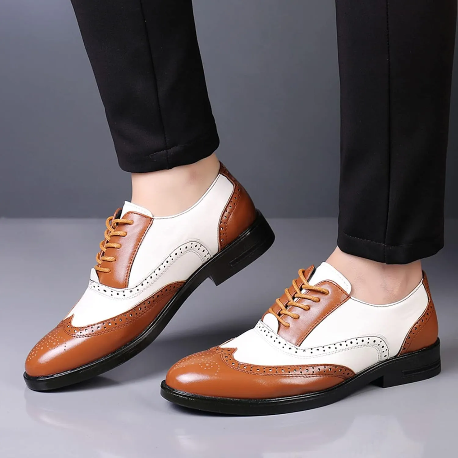 Men's Colorblock Derby Dress Leather Shoes,Fashion Carving Floral Wingtip Block Lace-up Formal Business Casual Shoes