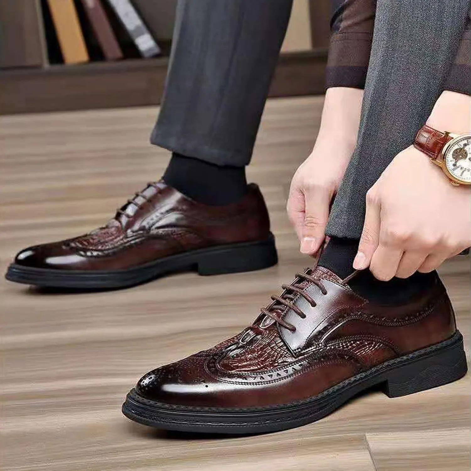 Men's Crocodile Texture Leather Hybrid Brogue Oxford,Winter Warm Fashion Lace-Up Wing Tip Wedding Business Derby Shoes