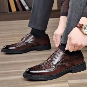 Men's Crocodile Texture Leather Hybrid Brogue Oxford,Winter Warm Fashion Lace-Up Wing Tip Wedding Business Derby Shoes