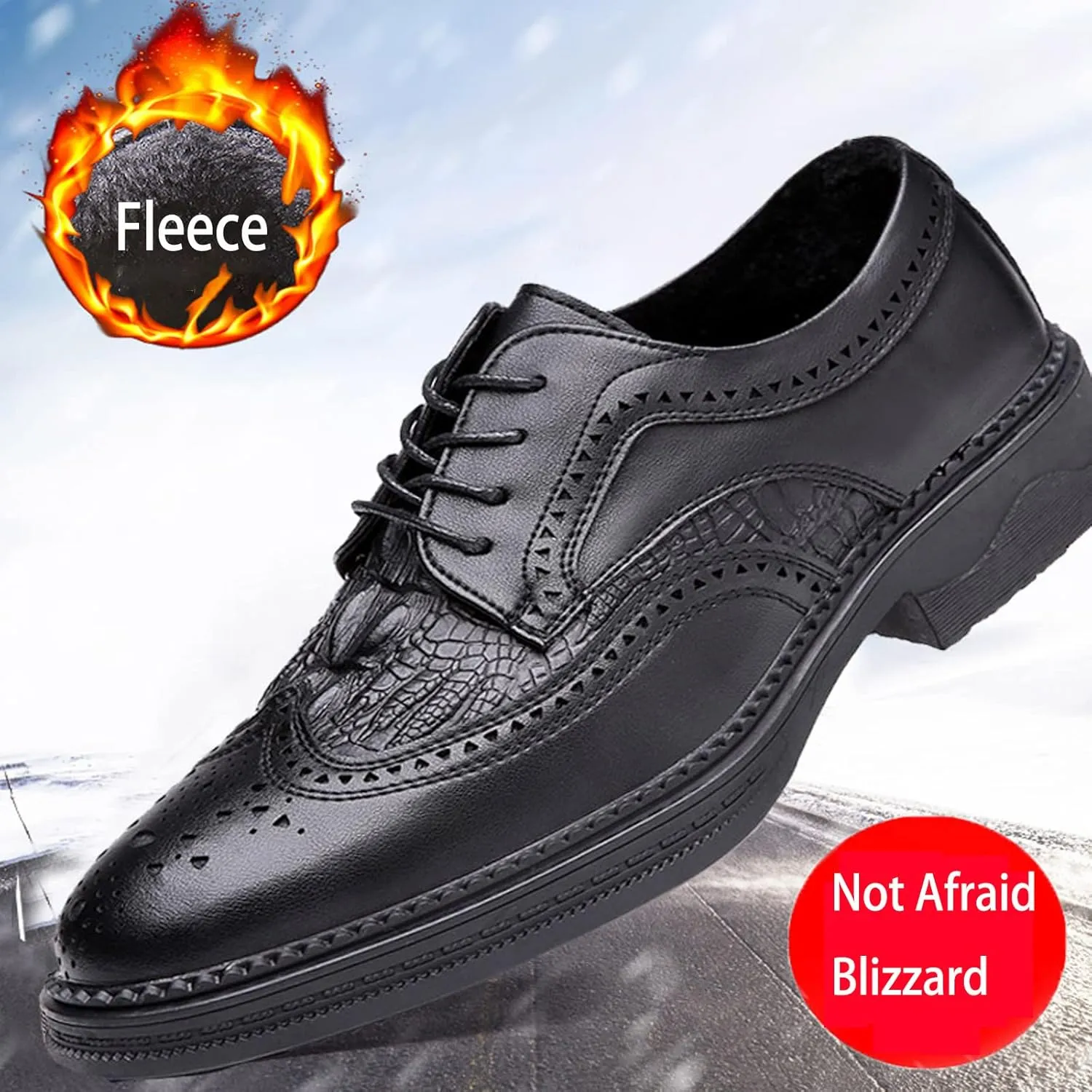 Men's Crocodile Texture Leather Hybrid Brogue Oxford,Winter Warm Fashion Lace-Up Wing Tip Wedding Business Derby Shoes