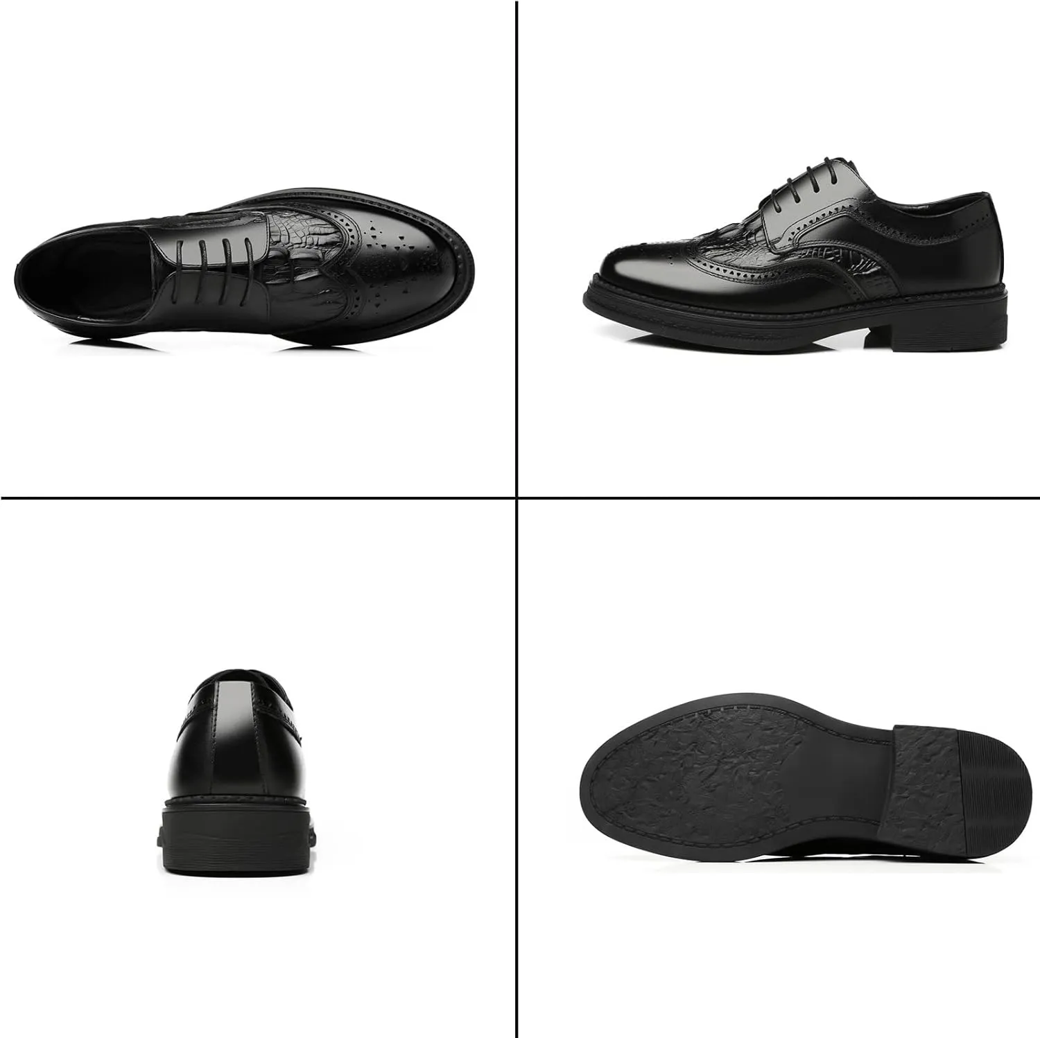 Men's Crocodile Texture Leather Hybrid Brogue Oxford,Winter Warm Fashion Lace-Up Wing Tip Wedding Business Derby Shoes