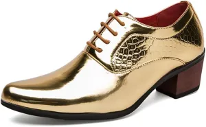 Men's Derby Oxfords Shoes Classic Lace-up Low Top Pointed Toe Embossed Block High Heel Business Wedding Dress Shoes