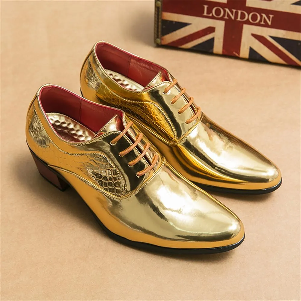 Men's Derby Oxfords Shoes Classic Lace-up Low Top Pointed Toe Embossed Block High Heel Business Wedding Dress Shoes