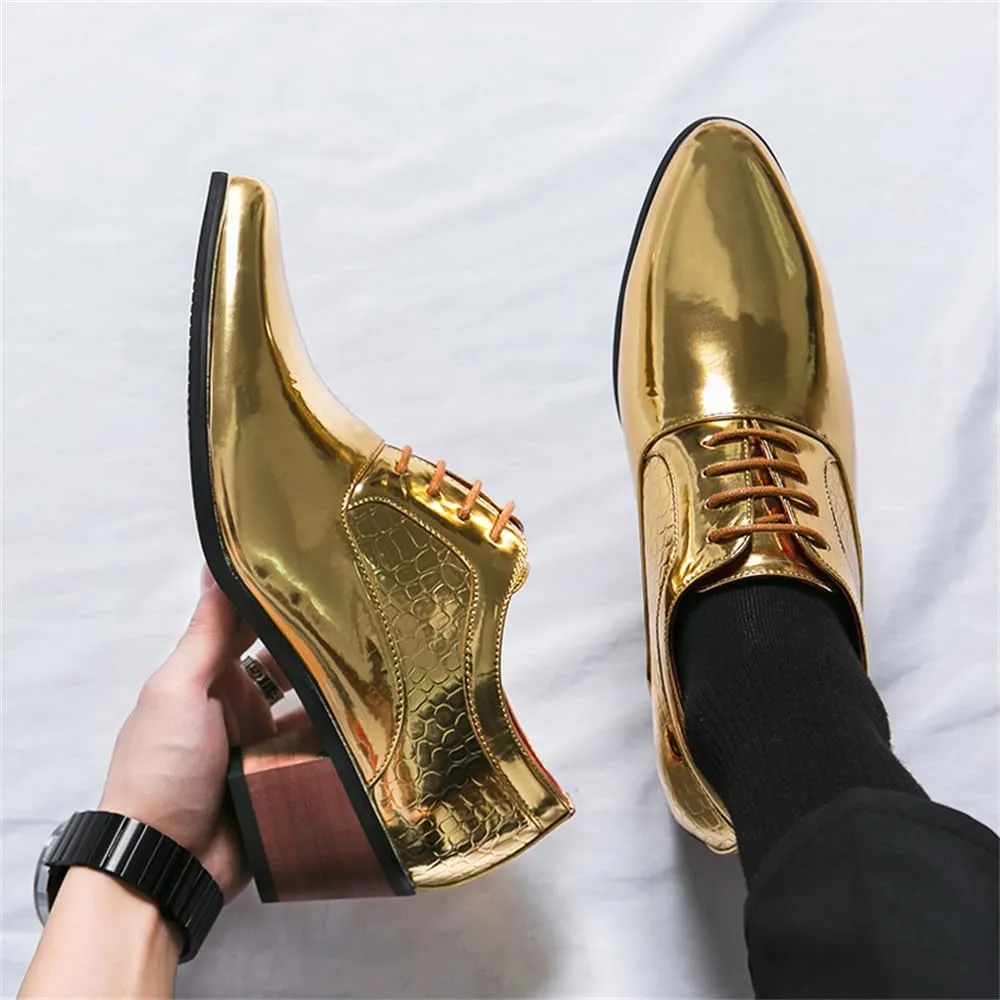 Men's Derby Oxfords Shoes Classic Lace-up Low Top Pointed Toe Embossed Block High Heel Business Wedding Dress Shoes