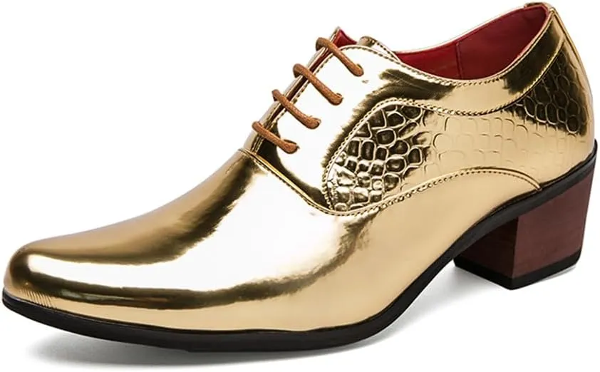 Men's Derby Oxfords Shoes Classic Lace-up Low Top Pointed Toe Embossed Block High Heel Business Wedding Dress Shoes