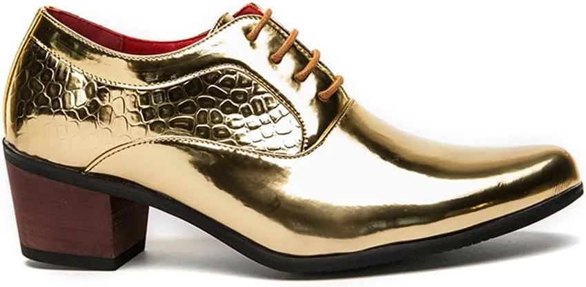 Men's Derby Oxfords Shoes Classic Lace-up Low Top Pointed Toe Embossed Block High Heel Business Wedding Dress Shoes