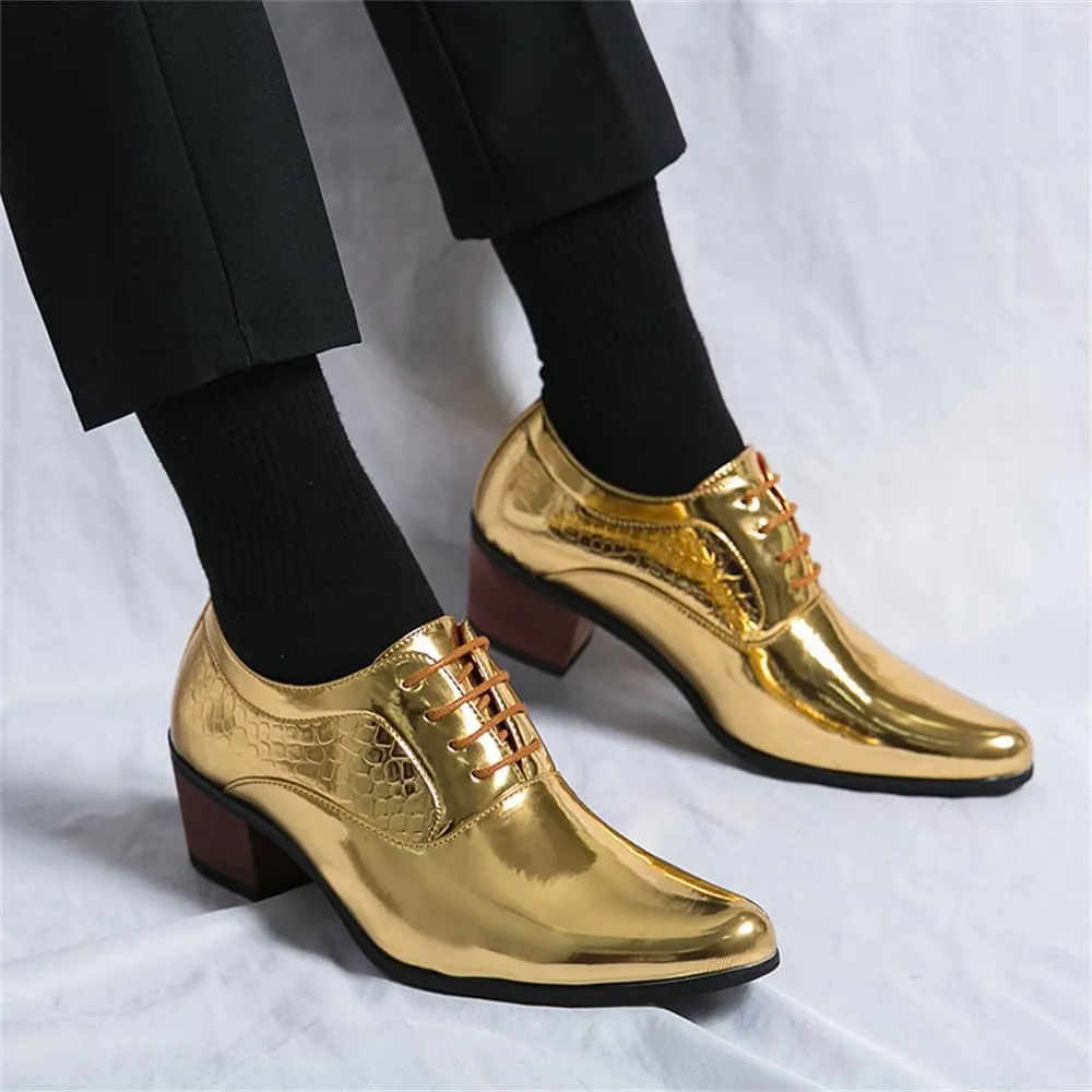 Men's Derby Oxfords Shoes Classic Lace-up Low Top Pointed Toe Embossed Block High Heel Business Wedding Dress Shoes