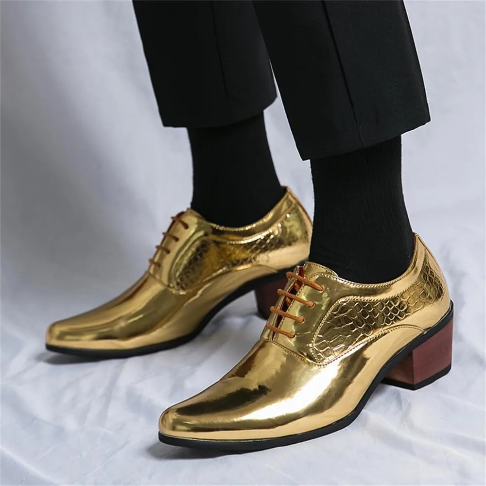 Men's Derby Oxfords Shoes Classic Lace-up Low Top Pointed Toe Embossed Block High Heel Business Wedding Dress Shoes