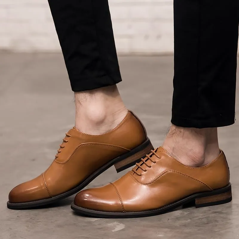 Men's Dress Cap Toe Leather Shoes Brogue Formal Wear Low Top Shoes Men's Business Derby Wingtip Lace Up Breathable Non-Slip Rubber Soft Sole Shoes