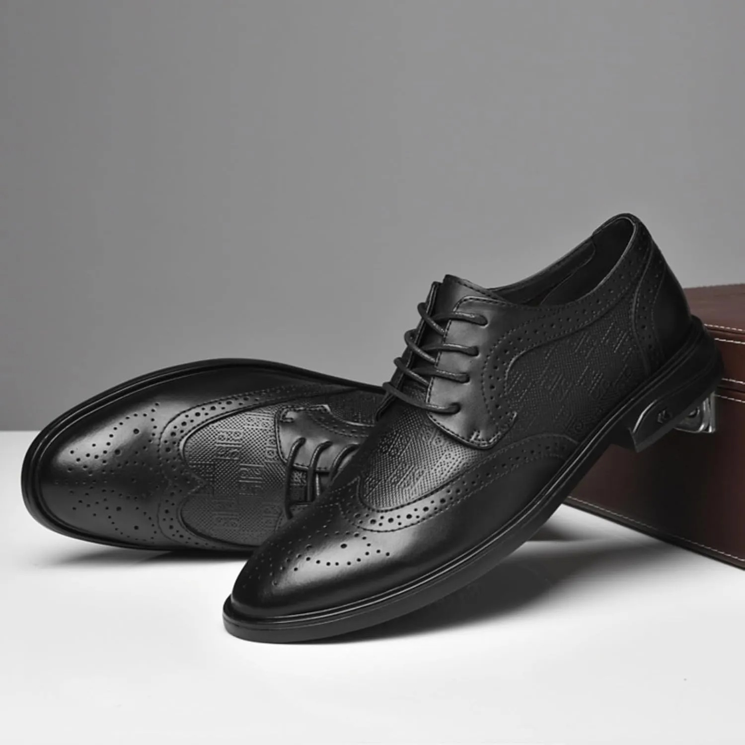 Men's Dress Cowhide Leather Oxford Shoes – Wingtip Brogue Derby Style for Formal Business, Weddings & Proms Parties Black Khaki Grey