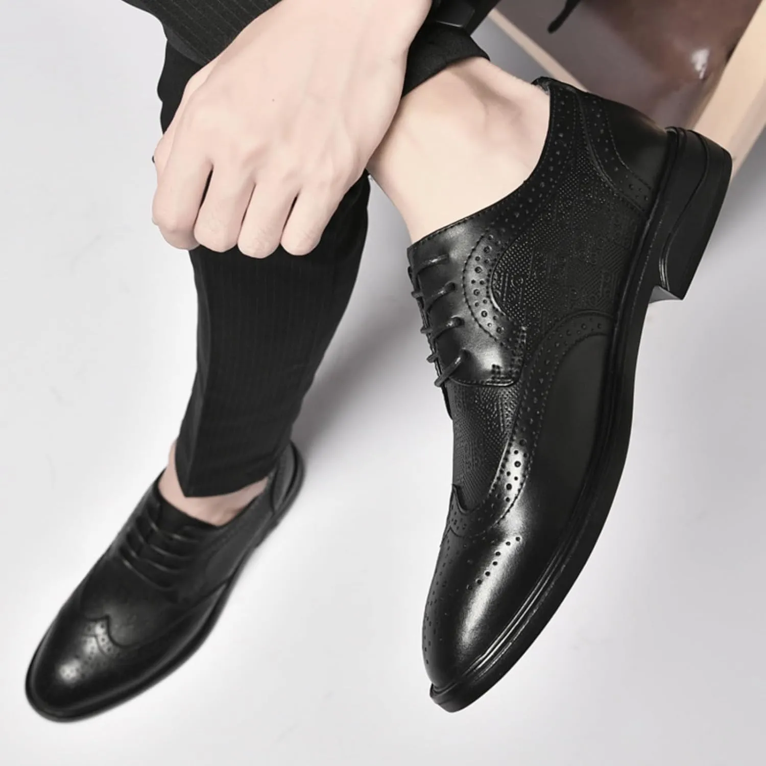 Men's Dress Cowhide Leather Oxford Shoes – Wingtip Brogue Derby Style for Formal Business, Weddings & Proms Parties Black Khaki Grey