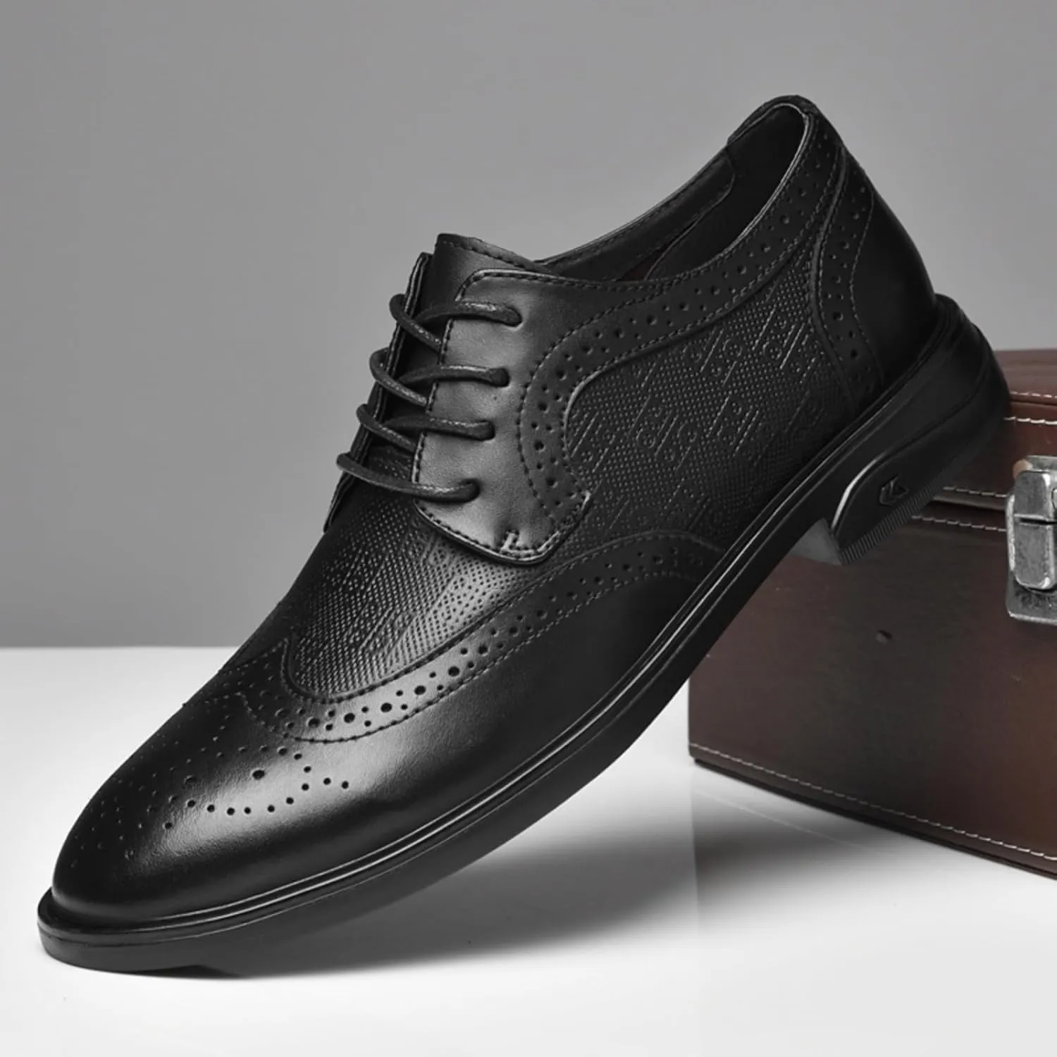 Men's Dress Cowhide Leather Oxford Shoes – Wingtip Brogue Derby Style for Formal Business, Weddings & Proms Parties Black Khaki Grey
