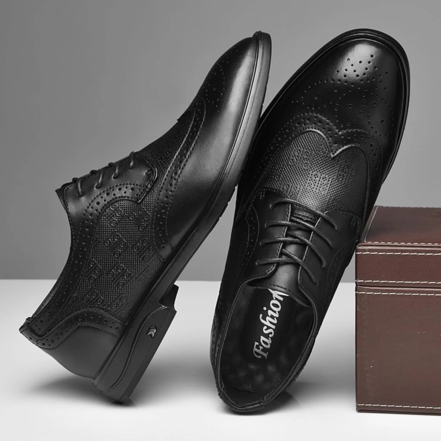 Men's Dress Cowhide Leather Oxford Shoes – Wingtip Brogue Derby Style for Formal Business, Weddings & Proms Parties Black Khaki Grey