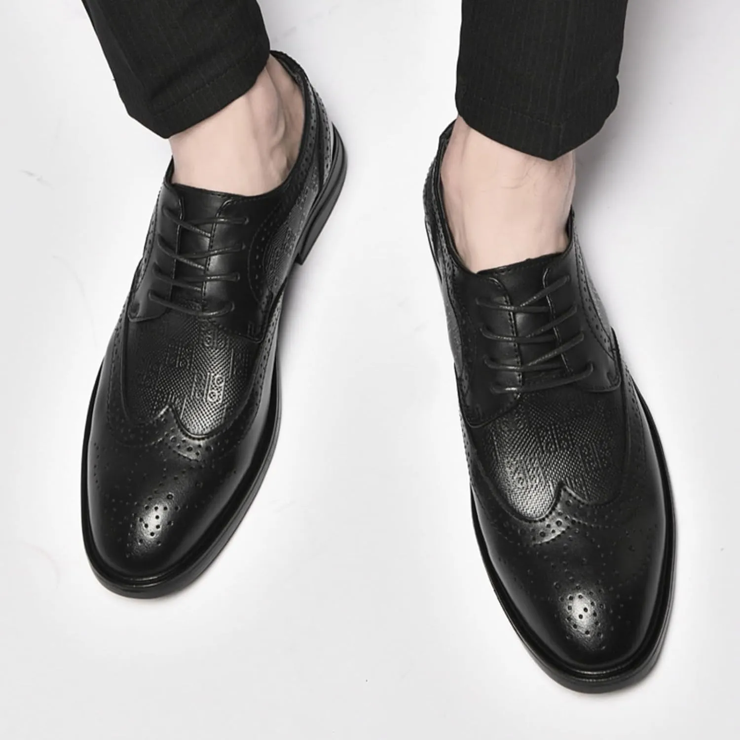 Men's Dress Cowhide Leather Oxford Shoes – Wingtip Brogue Derby Style for Formal Business, Weddings & Proms Parties Black Khaki Grey