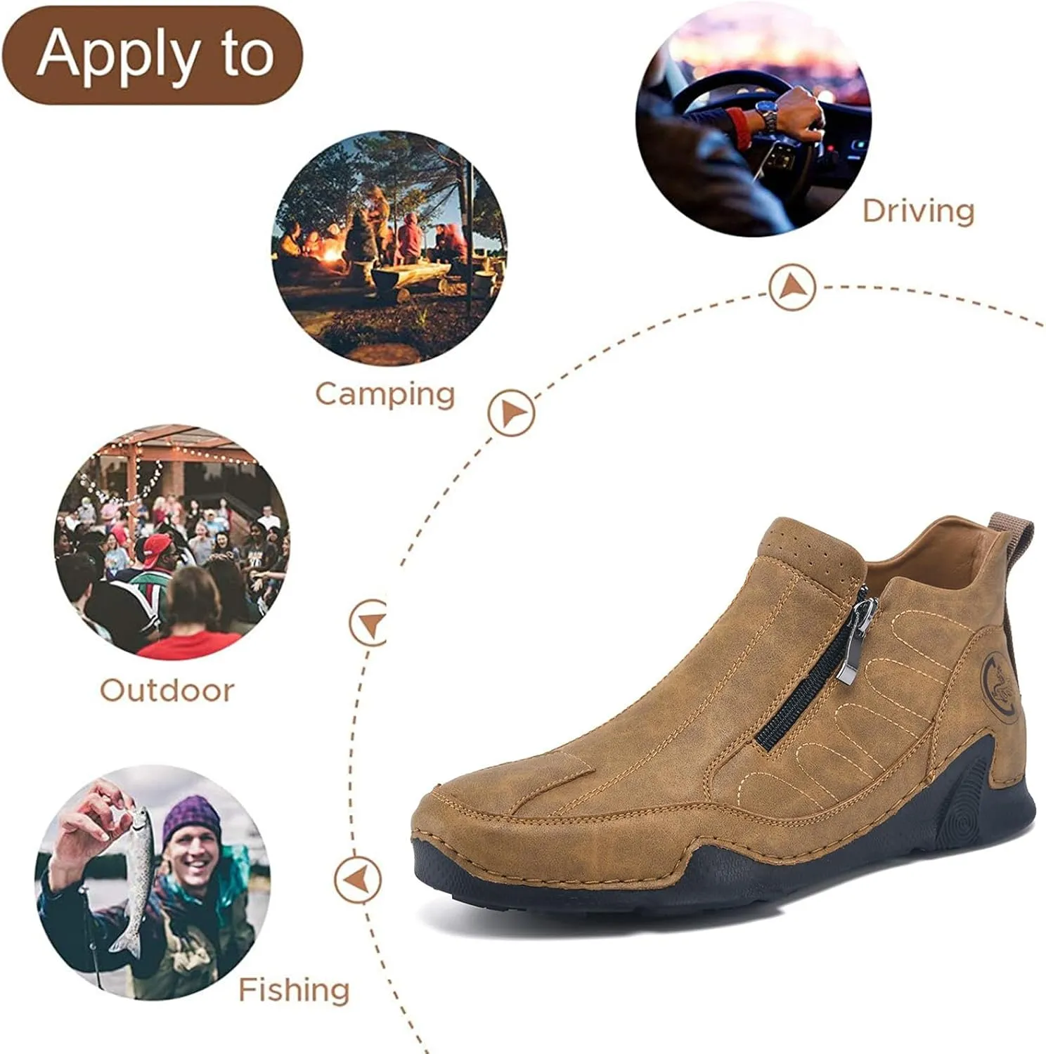 Men's Leather Comfortable Slip on Chukka Ankle Boots Outdoor Lightweight Non-slip Side Zipper Flat Driving Shoes for Walking Hiking