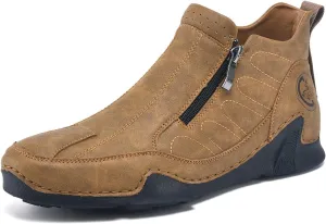 Men's Leather Comfortable Slip on Chukka Ankle Boots Outdoor Lightweight Non-slip Side Zipper Flat Driving Shoes for Walking Hiking