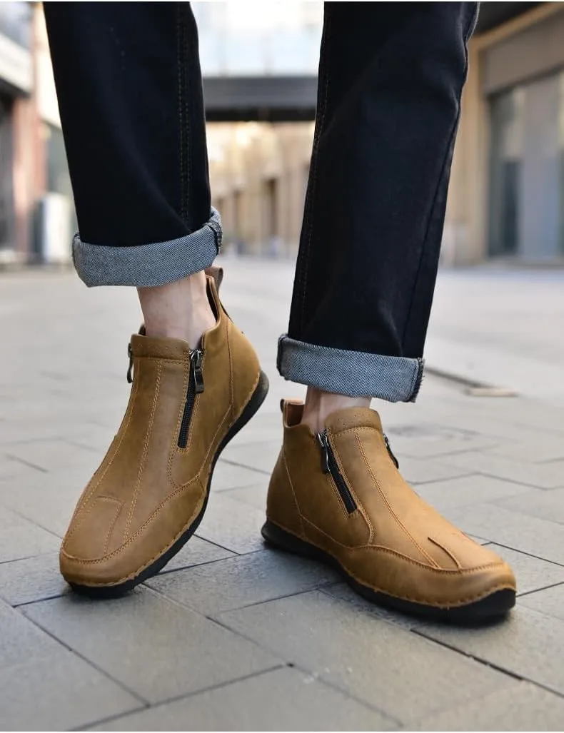 Men's Leather Comfortable Slip on Chukka Ankle Boots Outdoor Lightweight Non-slip Side Zipper Flat Driving Shoes for Walking Hiking