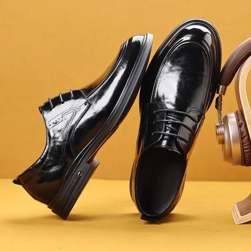Men's Leather Lace Up Platform Block Heel Business Oxford Shoes Casual Wedding Faux Patent Derby Shoe