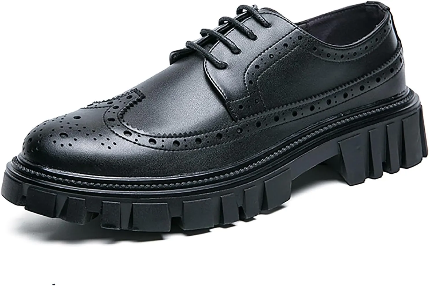 Men's Leather Oxford Dress Shoes - Platform Wingtip Oxfords - Comfortable Business Formal Slip-Resistant Work Derby Shoes