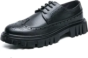 Men's Leather Oxford Dress Shoes - Platform Wingtip Oxfords - Comfortable Business Formal Slip-Resistant Work Derby Shoes