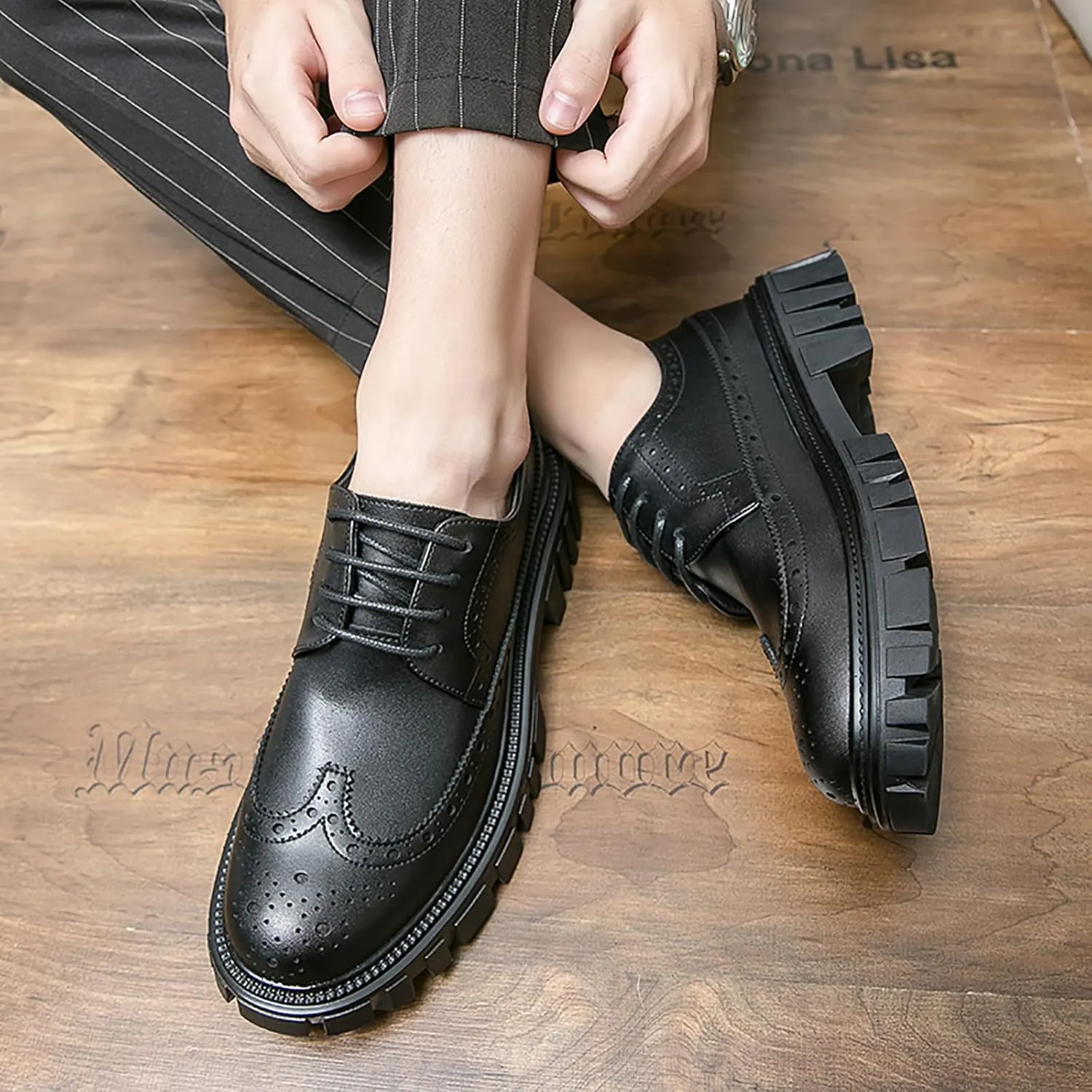 Men's Leather Oxford Dress Shoes - Platform Wingtip Oxfords - Comfortable Business Formal Slip-Resistant Work Derby Shoes
