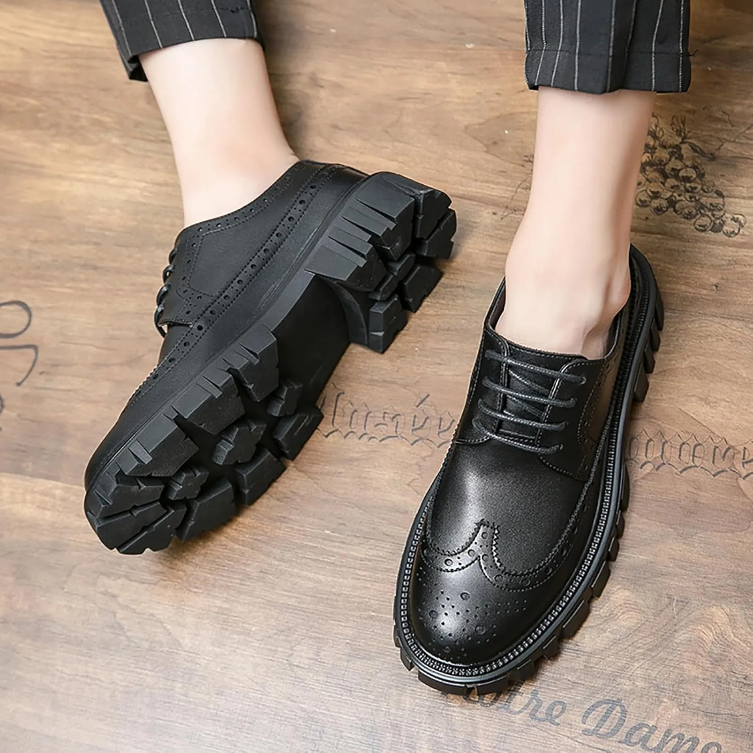 Men's Leather Oxford Dress Shoes - Platform Wingtip Oxfords - Comfortable Business Formal Slip-Resistant Work Derby Shoes