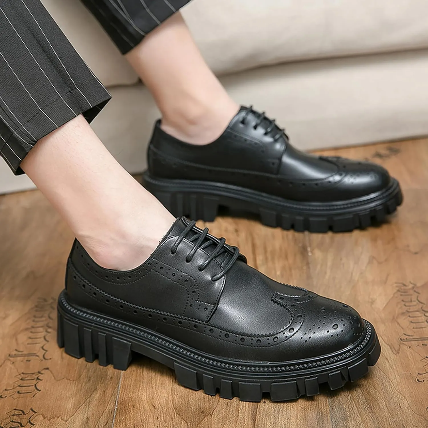 Men's Leather Oxford Dress Shoes - Platform Wingtip Oxfords - Comfortable Business Formal Slip-Resistant Work Derby Shoes