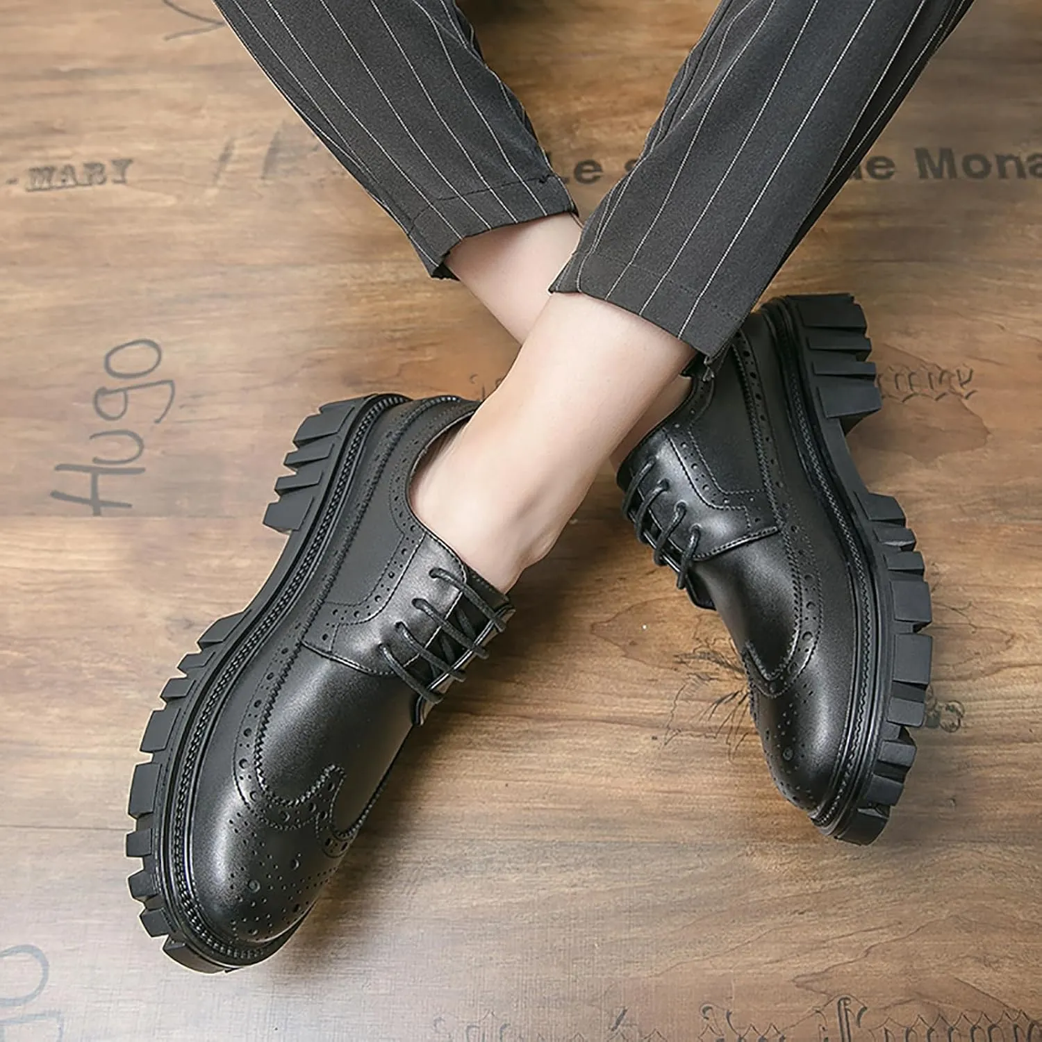 Men's Leather Oxford Dress Shoes - Platform Wingtip Oxfords - Comfortable Business Formal Slip-Resistant Work Derby Shoes