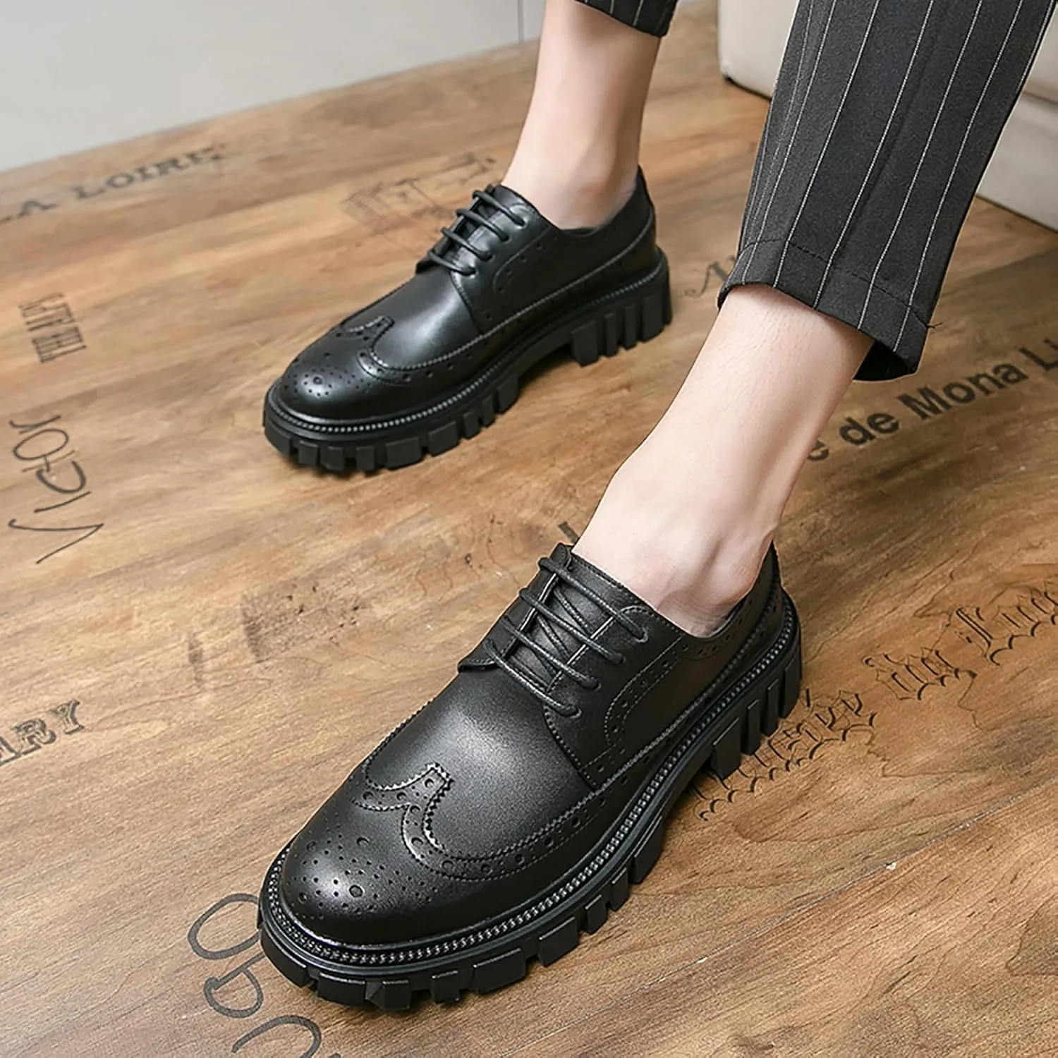 Men's Leather Oxford Dress Shoes - Platform Wingtip Oxfords - Comfortable Business Formal Slip-Resistant Work Derby Shoes