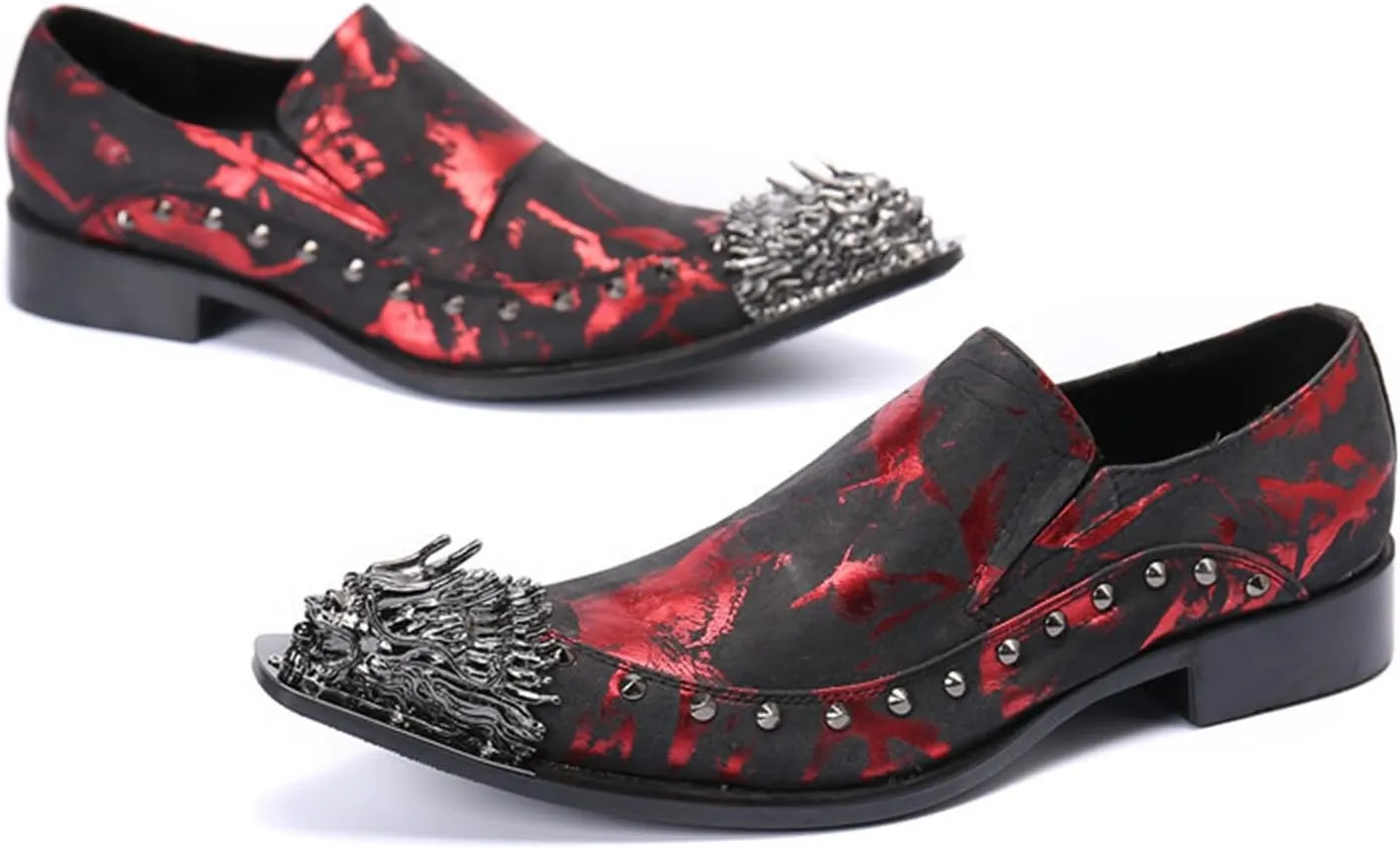 Men's Leather Shoes, Casual Black and red Graffiti Men's Dress Shoes, Wedding Party Banquet Nightclub Stage Host Barber Uniform Office Work Shoes, 40 EU,Black