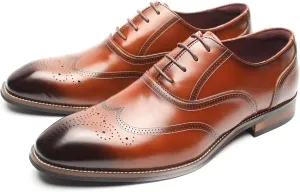Men's Leather Wingtip Brogue Oxford Shoes - Comfortable Lace Up Derby Footwear for Business & Casual Wear