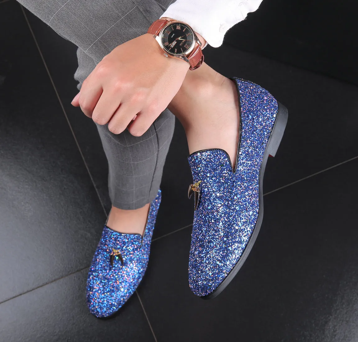 Men's Metallic Glitter Smoking Loafers
