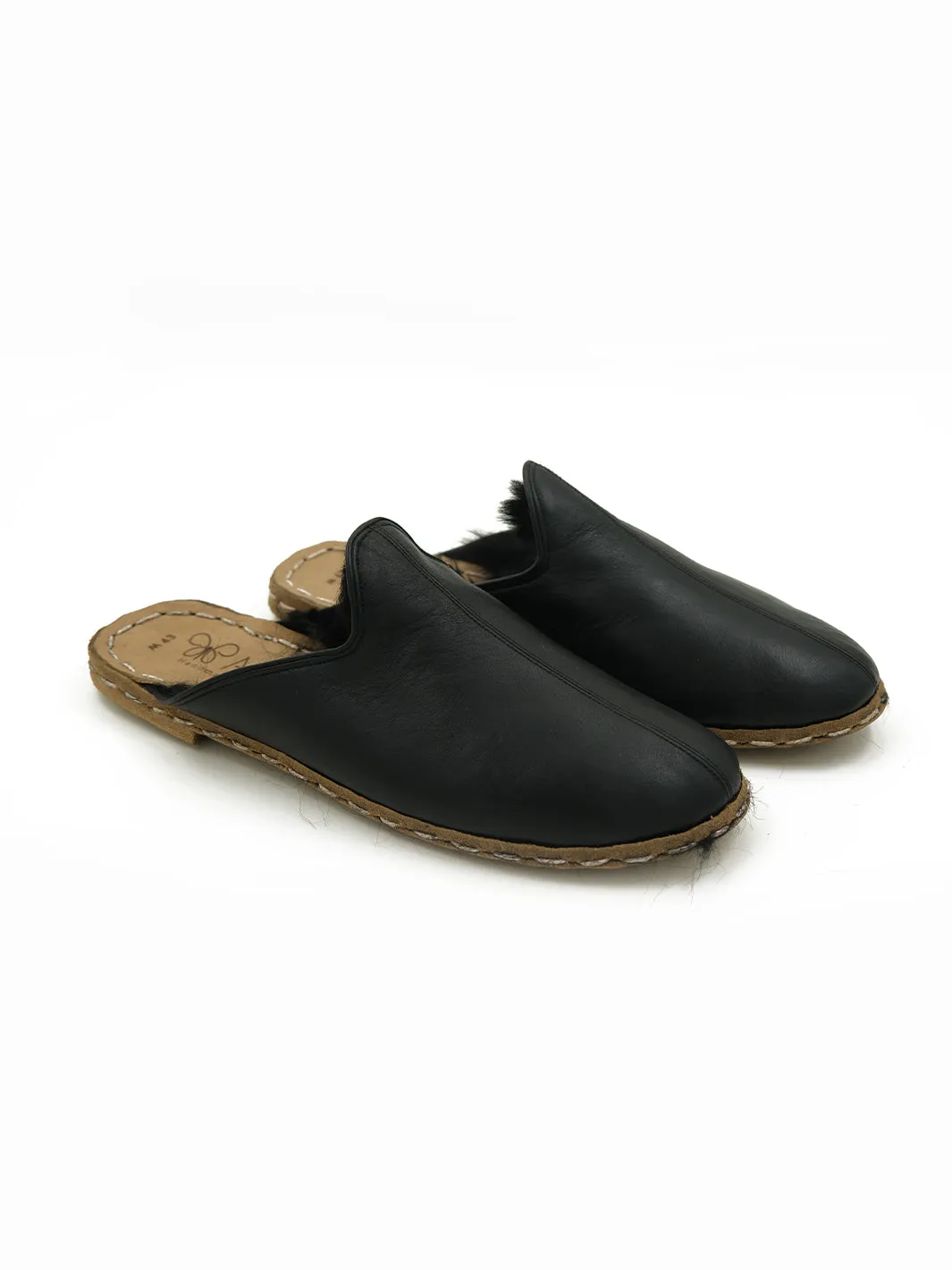 Men's Midnight Black Shearling Flat Mule - Leather